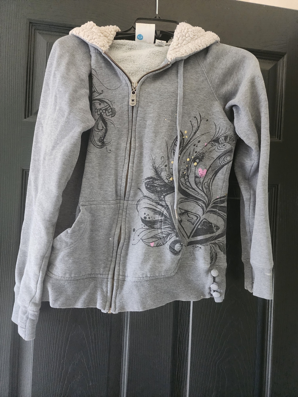 Roxy Gray Sherpa-Lined Zip Hoodie with Graphic Print